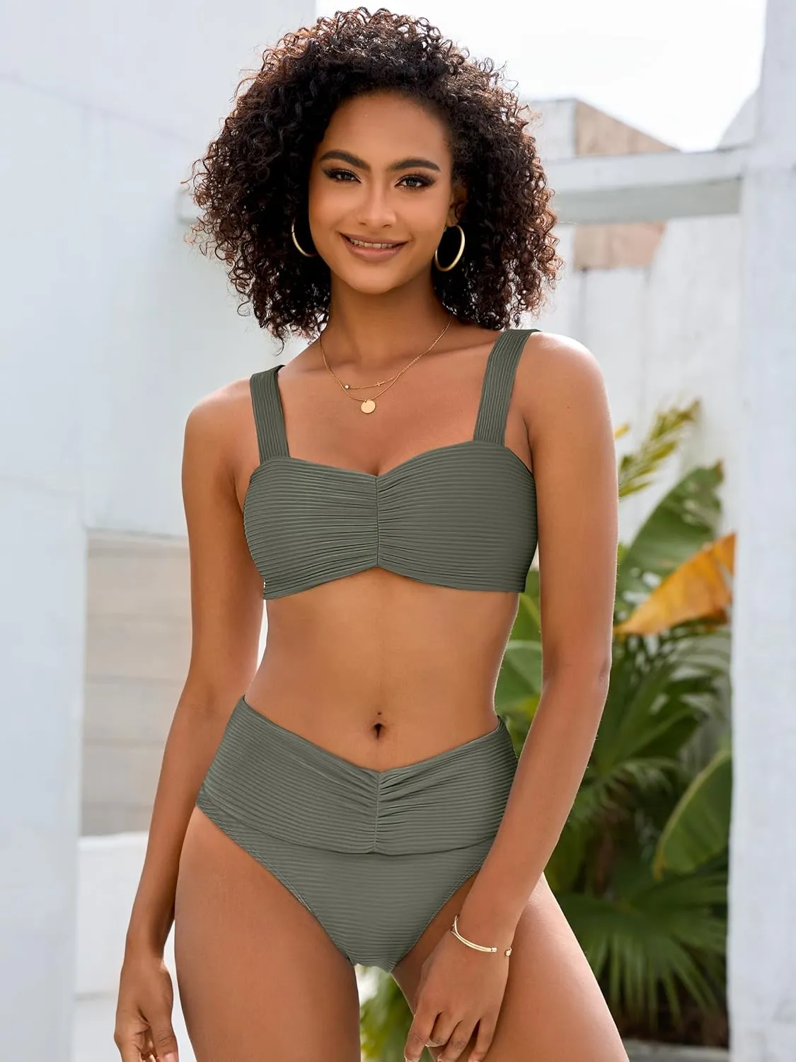 ANRABESS Bathing Suit for Women Tummy Control Bikini Set 2025 Beach Front Ruched Mid Waist Swimsuit with Adjustable Straps