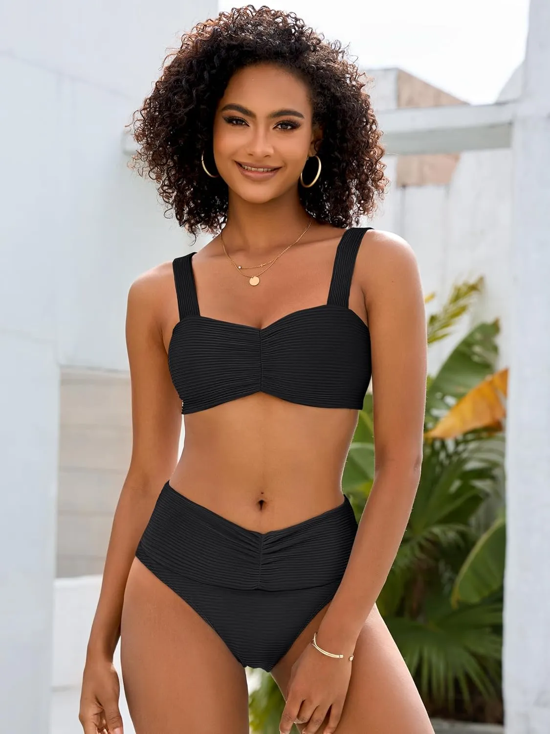 ANRABESS Bathing Suit for Women Tummy Control Bikini Set 2025 Beach Front Ruched Mid Waist Swimsuit with Adjustable Straps