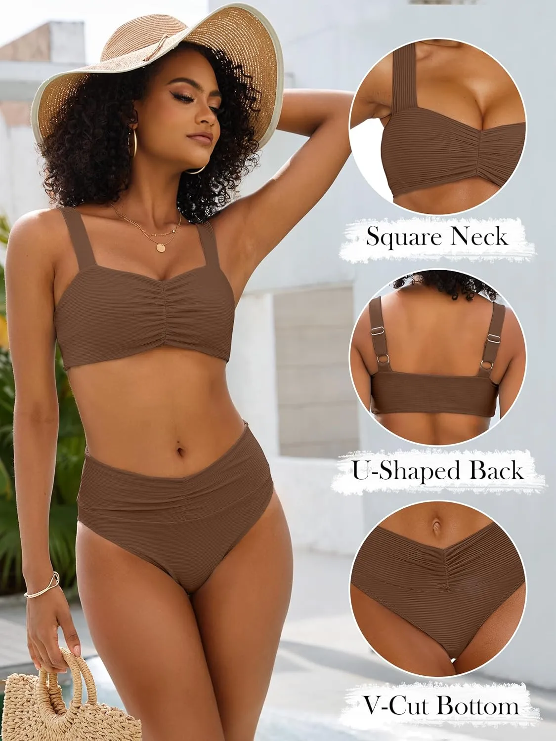 ANRABESS Bathing Suit for Women Tummy Control Bikini Set 2025 Beach Front Ruched Mid Waist Swimsuit with Adjustable Straps