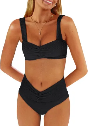 ANRABESS Bathing Suit for Women Tummy Control Bikini Set 2025 Beach Front Ruched Mid Waist Swimsuit with Adjustable Straps