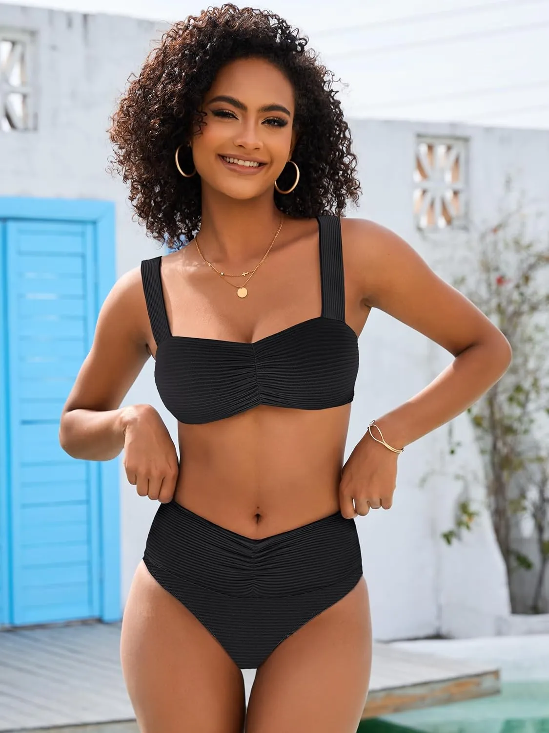 ANRABESS Bathing Suit for Women Tummy Control Bikini Set 2025 Beach Front Ruched Mid Waist Swimsuit with Adjustable Straps