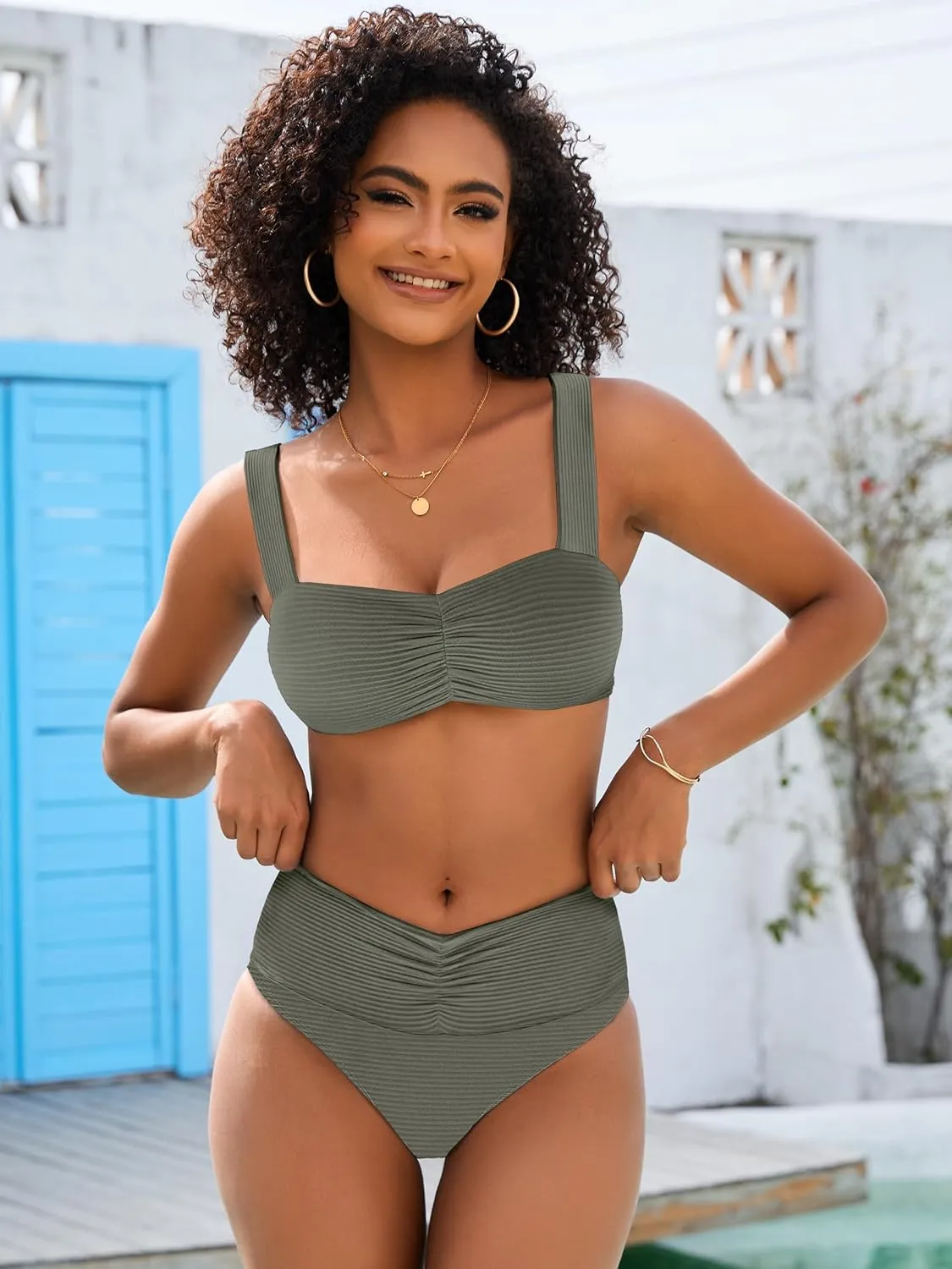 ANRABESS Bathing Suit for Women Tummy Control Bikini Set 2025 Beach Front Ruched Mid Waist Swimsuit with Adjustable Straps