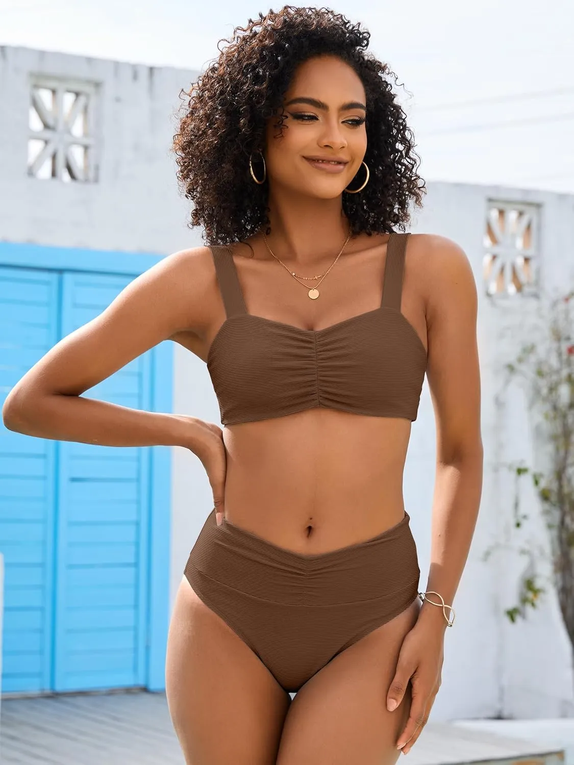 ANRABESS Bathing Suit for Women Tummy Control Bikini Set 2025 Beach Front Ruched Mid Waist Swimsuit with Adjustable Straps