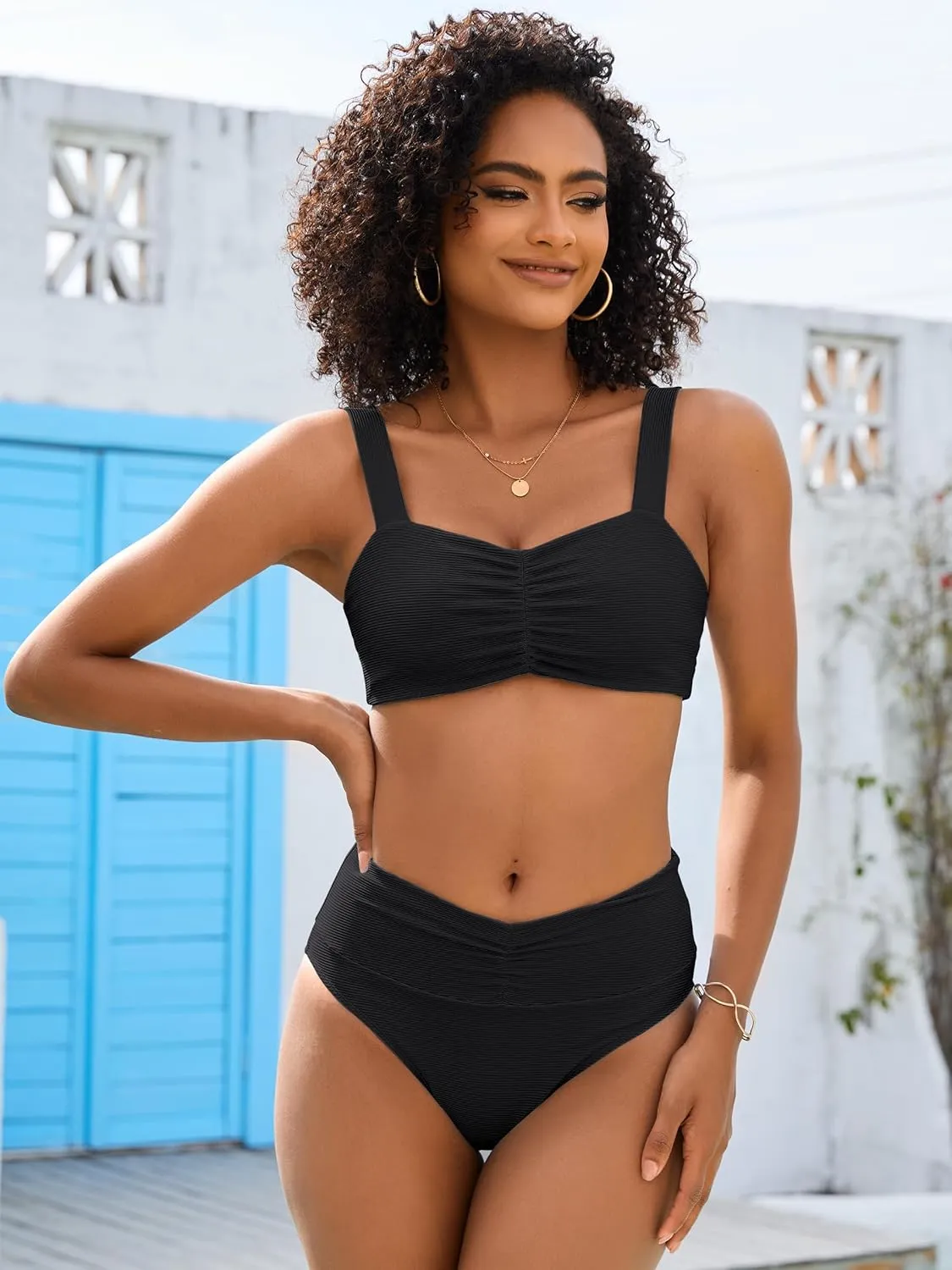 ANRABESS Bathing Suit for Women Tummy Control Bikini Set 2025 Beach Front Ruched Mid Waist Swimsuit with Adjustable Straps