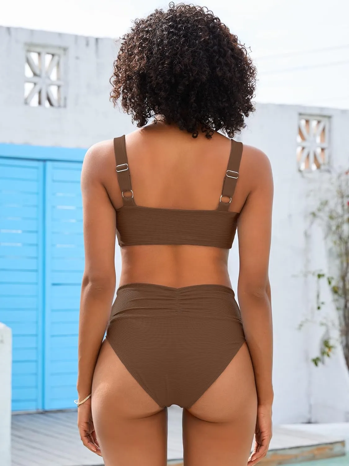 ANRABESS Bathing Suit for Women Tummy Control Bikini Set 2025 Beach Front Ruched Mid Waist Swimsuit with Adjustable Straps