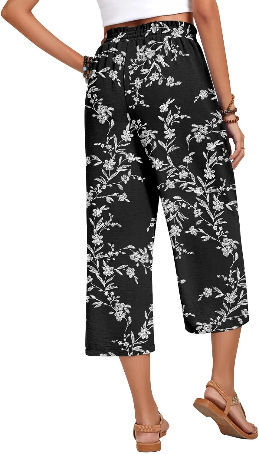 Anyhold Womens High Waist Wide Leg Capri Pants Adjustable Drawstring Loose Fit Summer Beach Pants Pockets