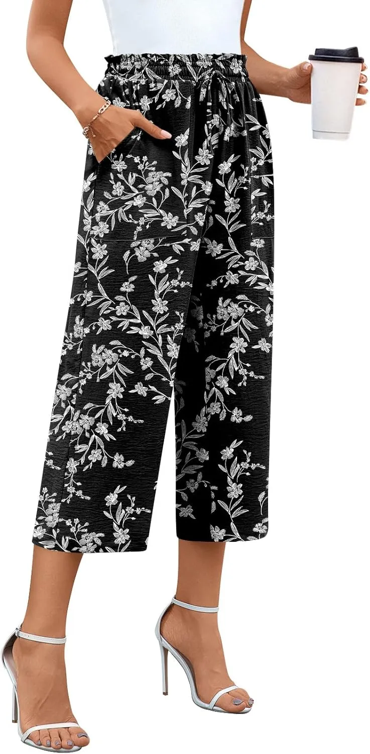 Anyhold Womens High Waist Wide Leg Capri Pants Adjustable Drawstring Loose Fit Summer Beach Pants Pockets