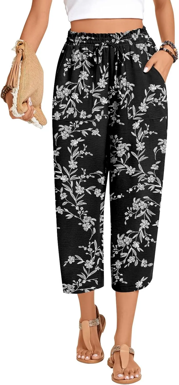 Anyhold Womens High Waist Wide Leg Capri Pants Adjustable Drawstring Loose Fit Summer Beach Pants Pockets