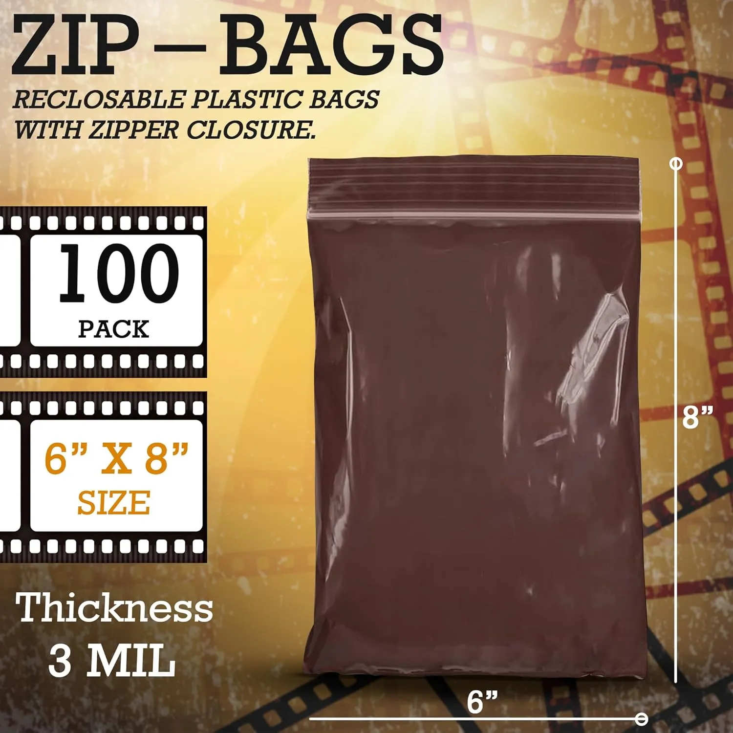 APQ Amber Zip Bags for Packaging, 6 x 8 inch. Pack of 100 Plastic Zip Baggies 3 Mil Thick. Water Resistant Reclosable Plastic Bags with Zipper Closure for Travel, Storage, Packaging and Shipping