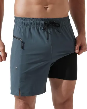 Arcweg Mens Swim Trunks with Compression Liner 7 Inch Quick Dry Beach Swimming Trunks 2 in 1 Swim Shorts with Zipper Pockets