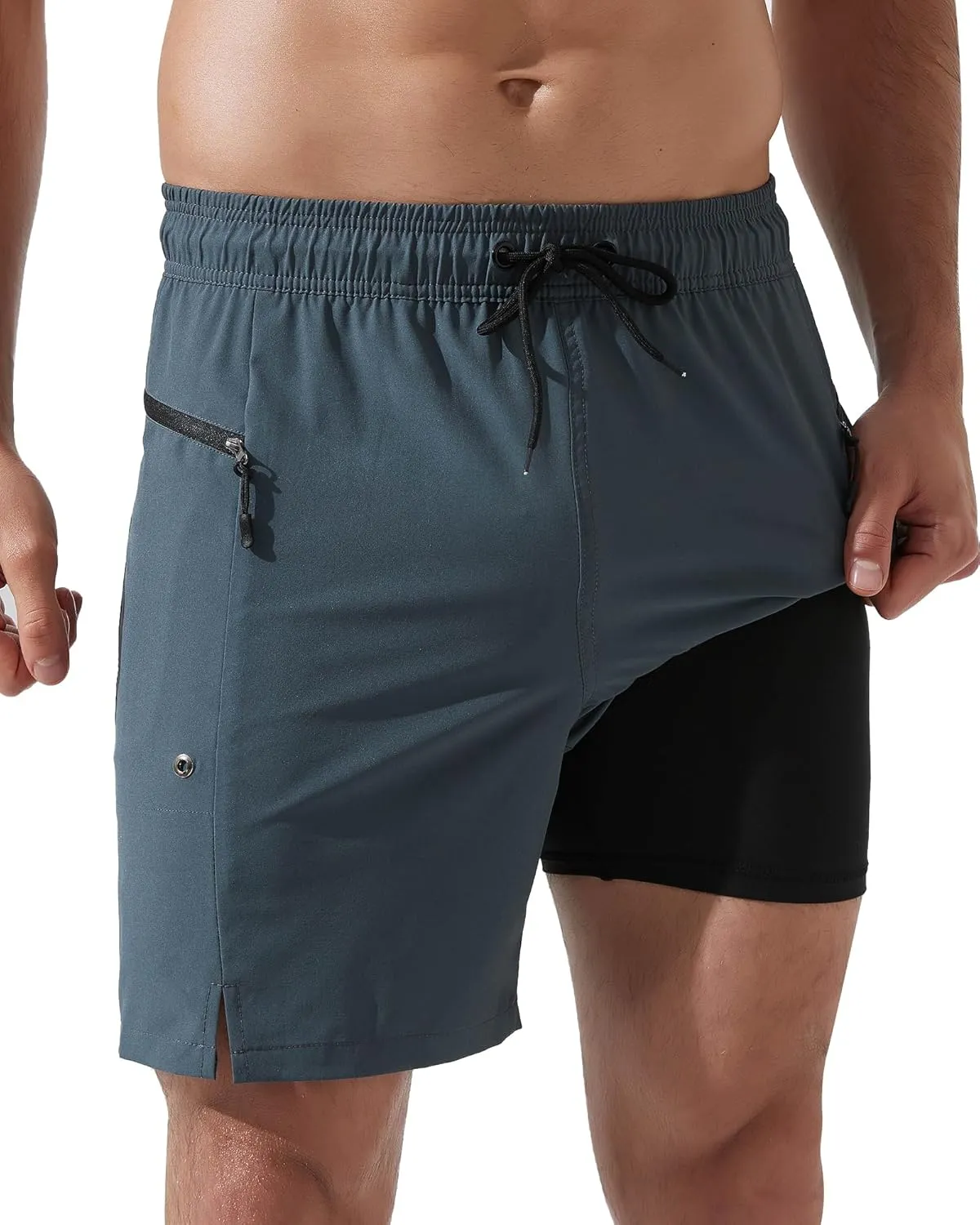 Arcweg Mens Swim Trunks with Compression Liner 7 Inch Quick Dry Beach Swimming Trunks 2 in 1 Swim Shorts with Zipper Pockets