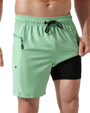 Arcweg Mens Swim Trunks with Compression Liner 7 Inch Quick Dry Beach Swimming Trunks 2 in 1 Swim Shorts with Zipper Pockets