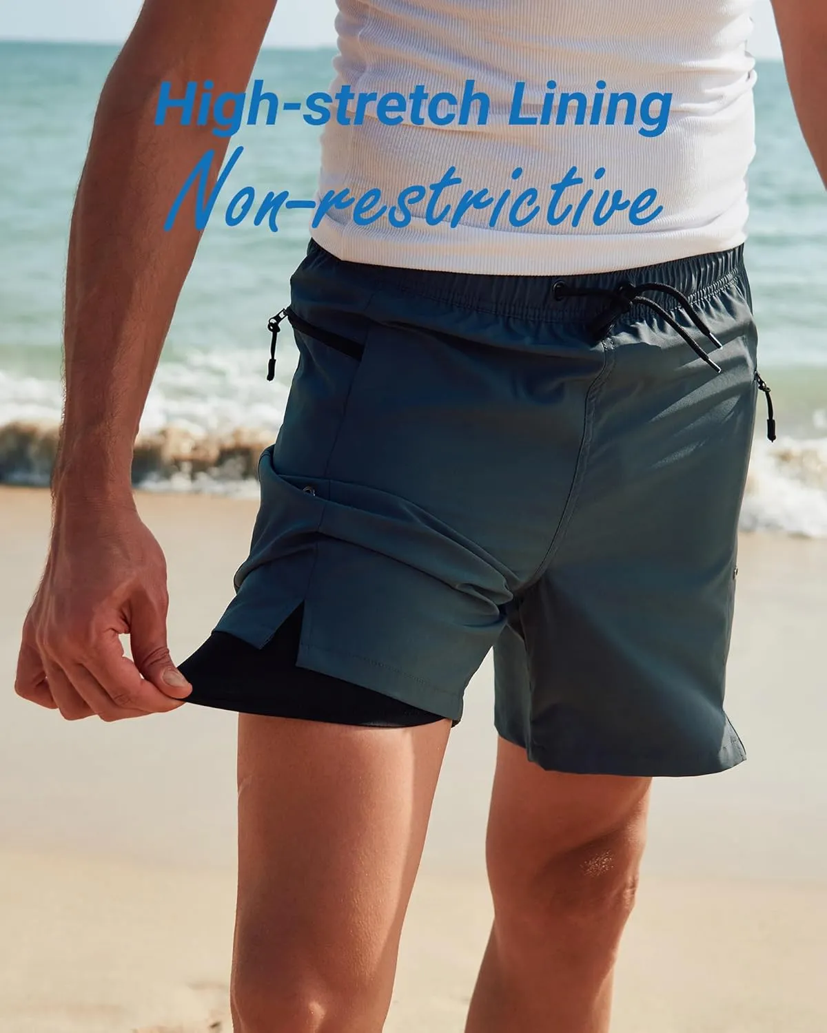 Arcweg Mens Swim Trunks with Compression Liner 7 Inch Quick Dry Beach Swimming Trunks 2 in 1 Swim Shorts with Zipper Pockets