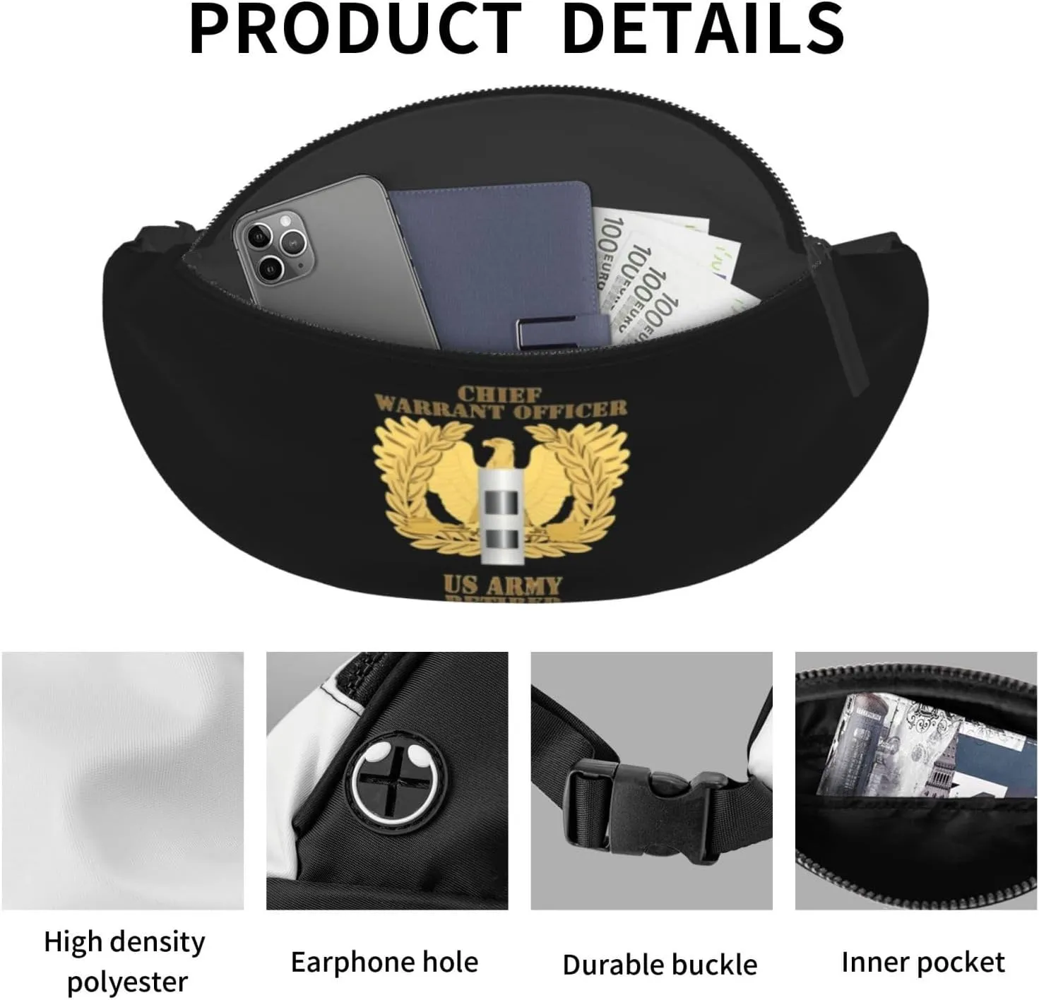 Army Retired Chief Warrant Officer Emblem Cw2 Unisex Leisure Waist Bag Outdoor Sports Running Waist Bag Business Travel Mobile Phone Bag