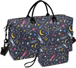 Aslsiy Travel Duffel Bags for Women Colorfull Space Stars Sports Duffel Bags Moon Meteor Weekender Bags Gym Bag with Toiletry Bag Carry on Overnight Bag
