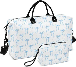 Aslsiy Travel Duffel Bags for Women Coquette Blue Ribbon Bow Sport Duffel Bag Watercolor Weekender Bag Gym Bag with Toiletry Bag Carry on Overnight Bag