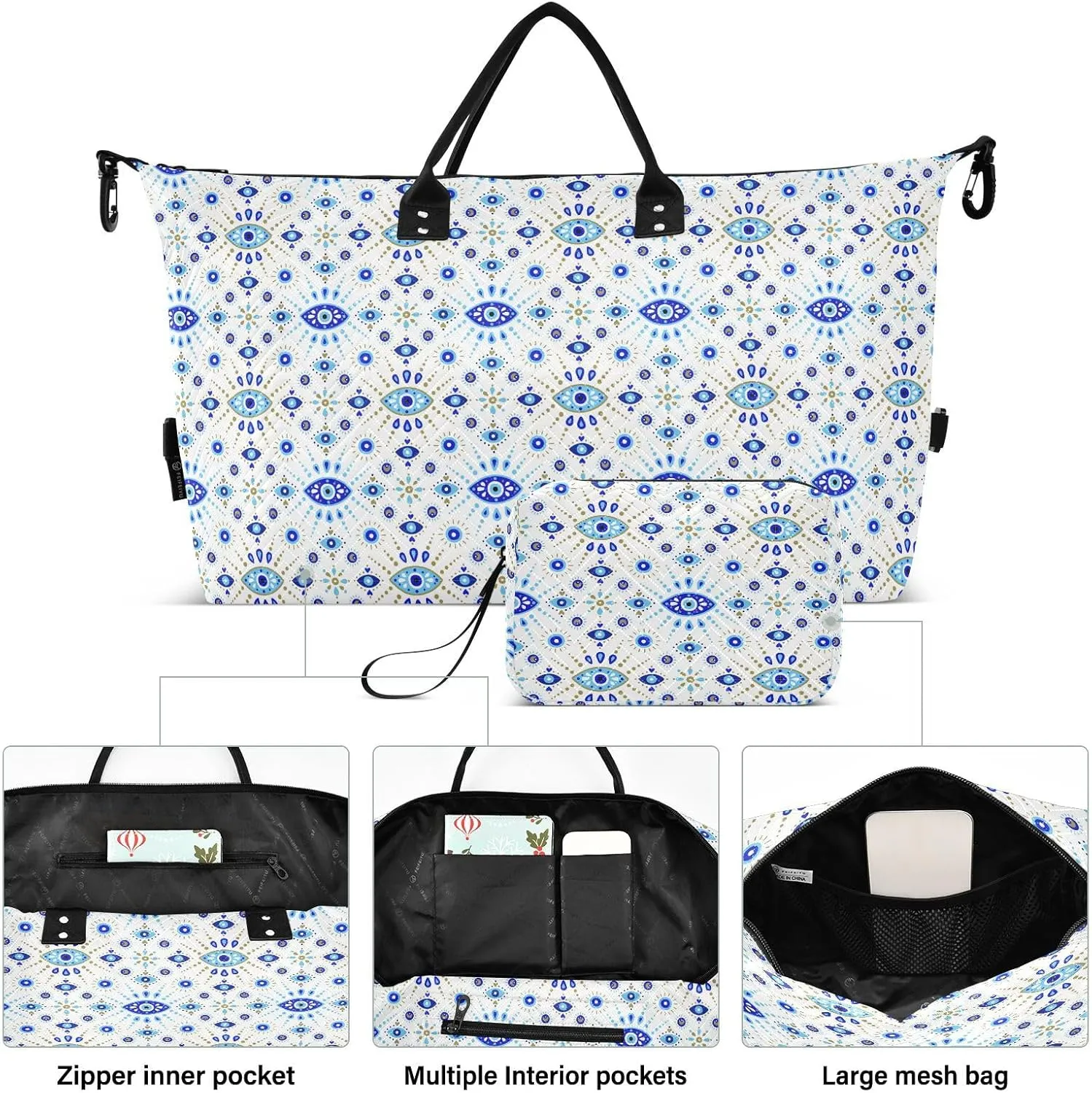 Aslsiy Travel Duffel Bags for Women Turkish Evil Eye White Sports Duffel Bag Weekender Bags Gym Bag with Toiletry Bag Carry on Overnight Bag