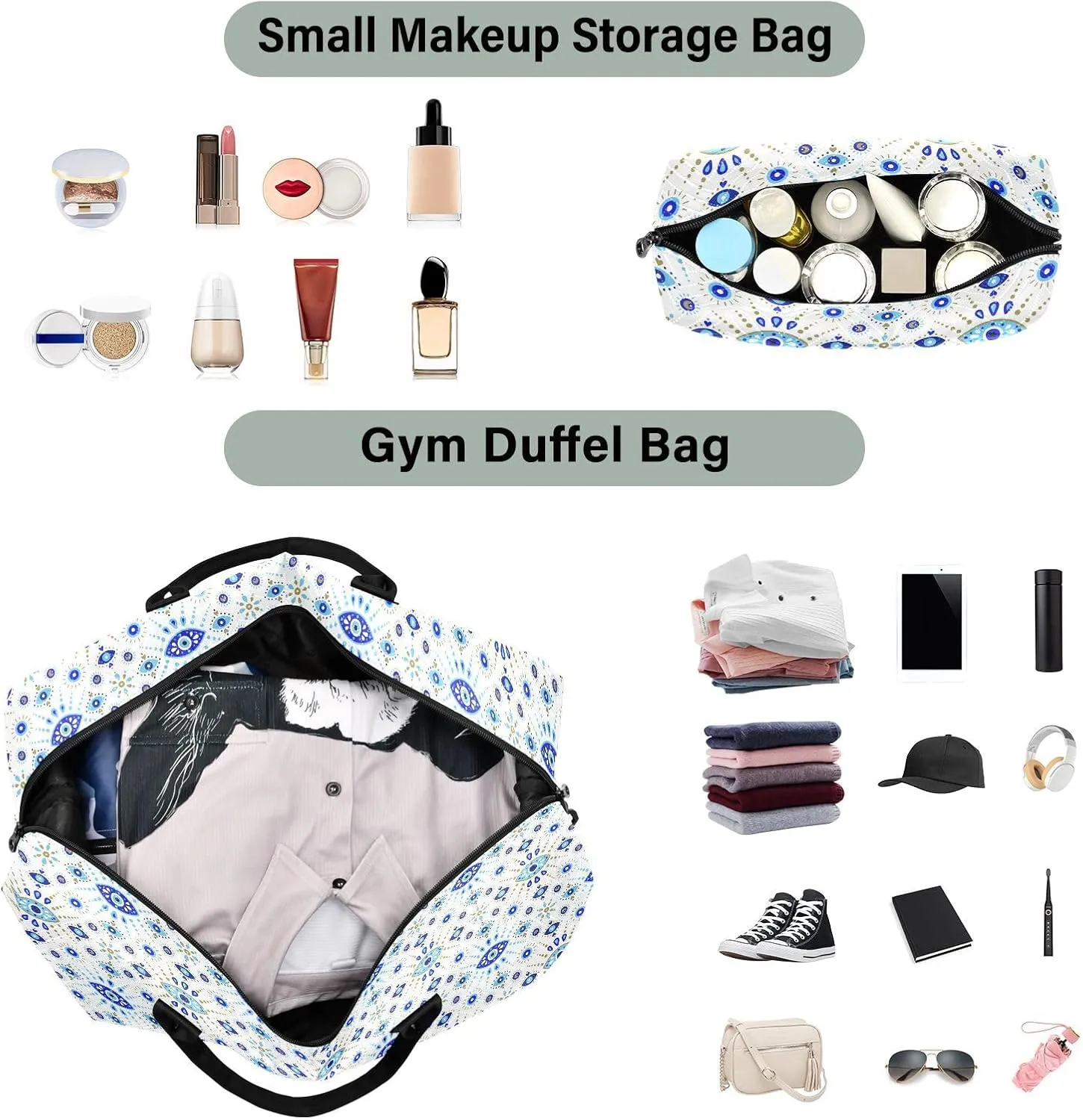 Aslsiy Travel Duffel Bags for Women Turkish Evil Eye White Sports Duffel Bag Weekender Bags Gym Bag with Toiletry Bag Carry on Overnight Bag