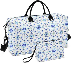Aslsiy Travel Duffel Bags for Women Turkish Evil Eye White Sports Duffel Bag Weekender Bags Gym Bag with Toiletry Bag Carry on Overnight Bag