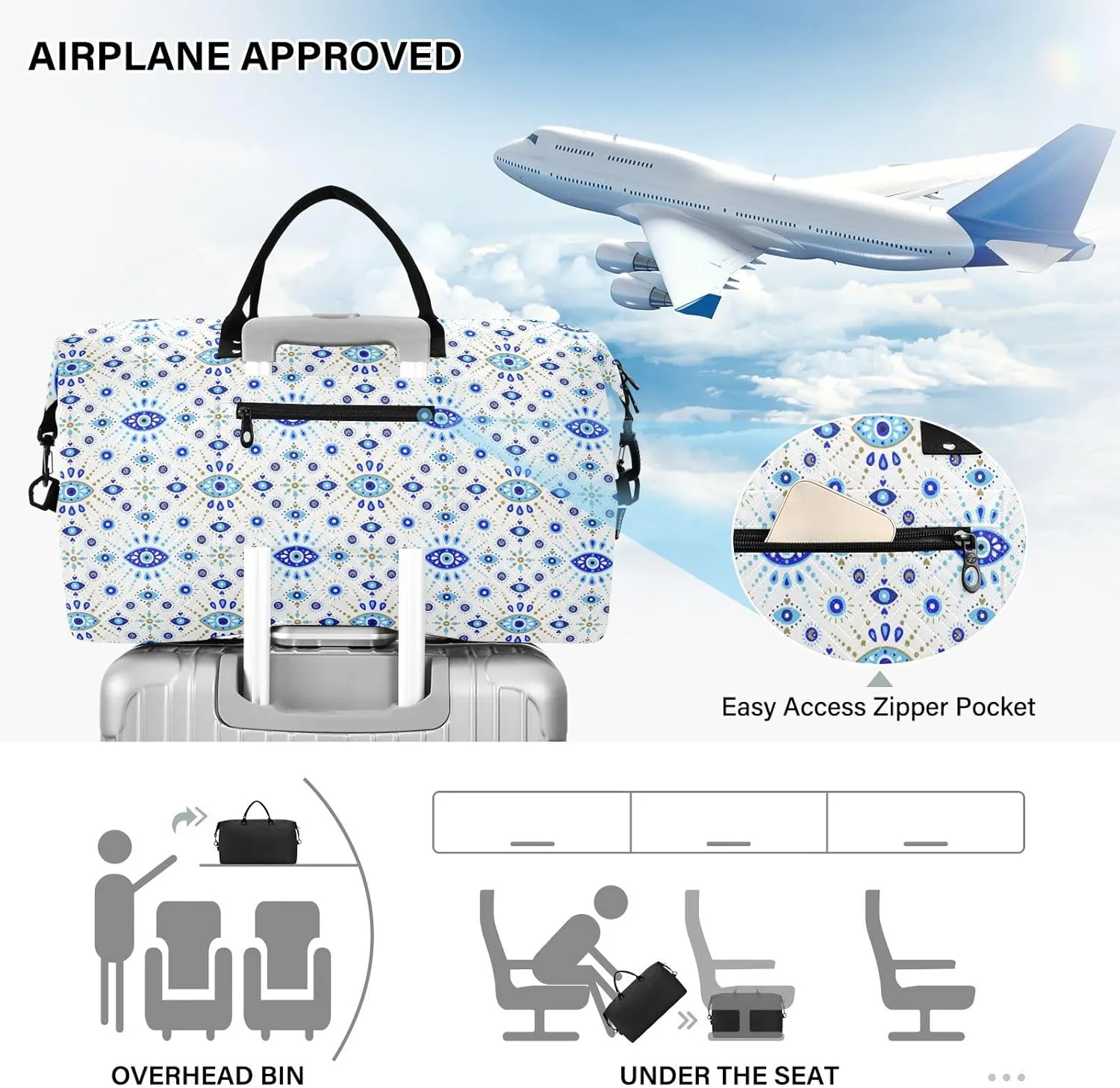 Aslsiy Travel Duffel Bags for Women Turkish Evil Eye White Sports Duffel Bag Weekender Bags Gym Bag with Toiletry Bag Carry on Overnight Bag