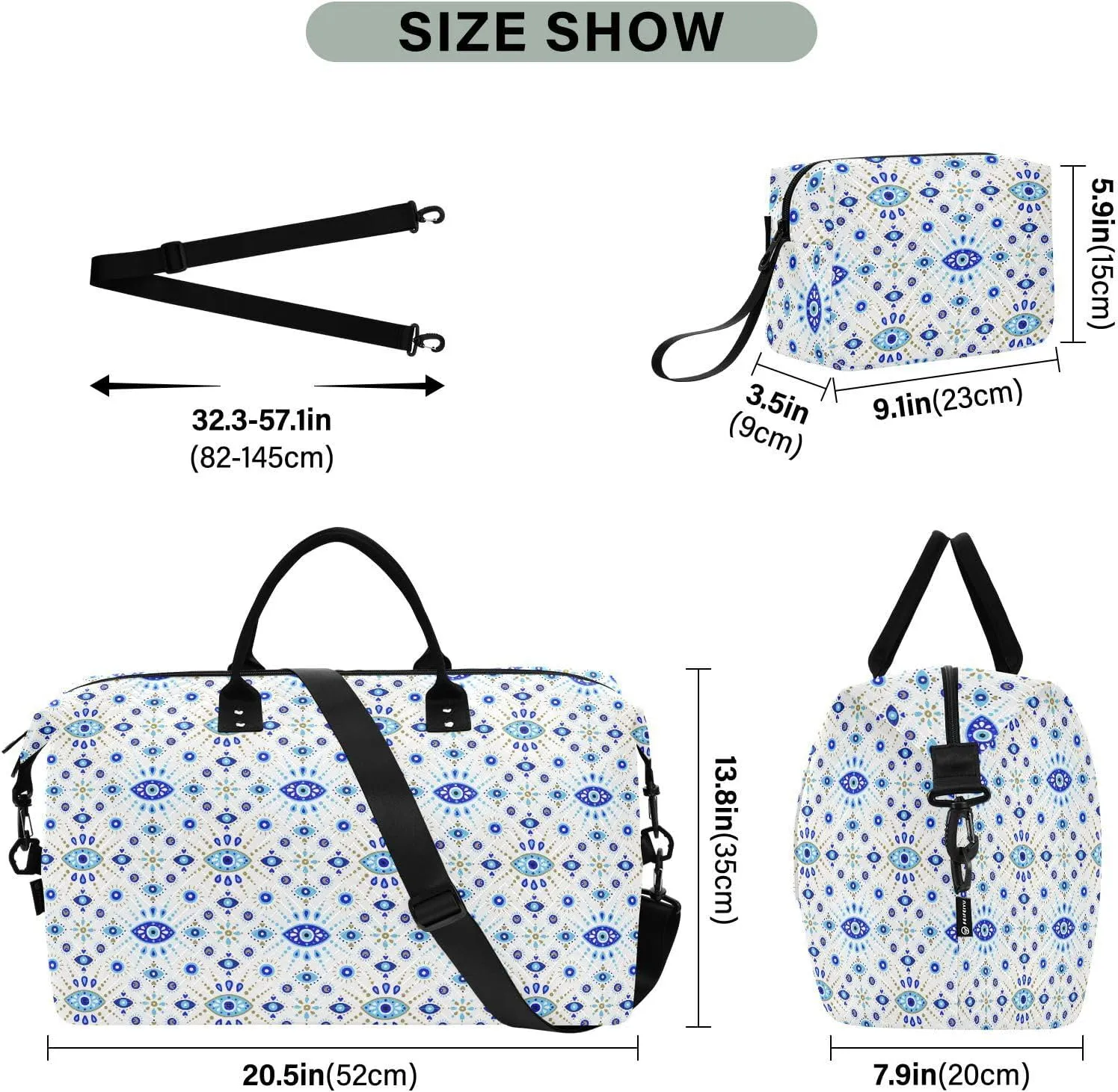 Aslsiy Travel Duffel Bags for Women Turkish Evil Eye White Sports Duffel Bag Weekender Bags Gym Bag with Toiletry Bag Carry on Overnight Bag