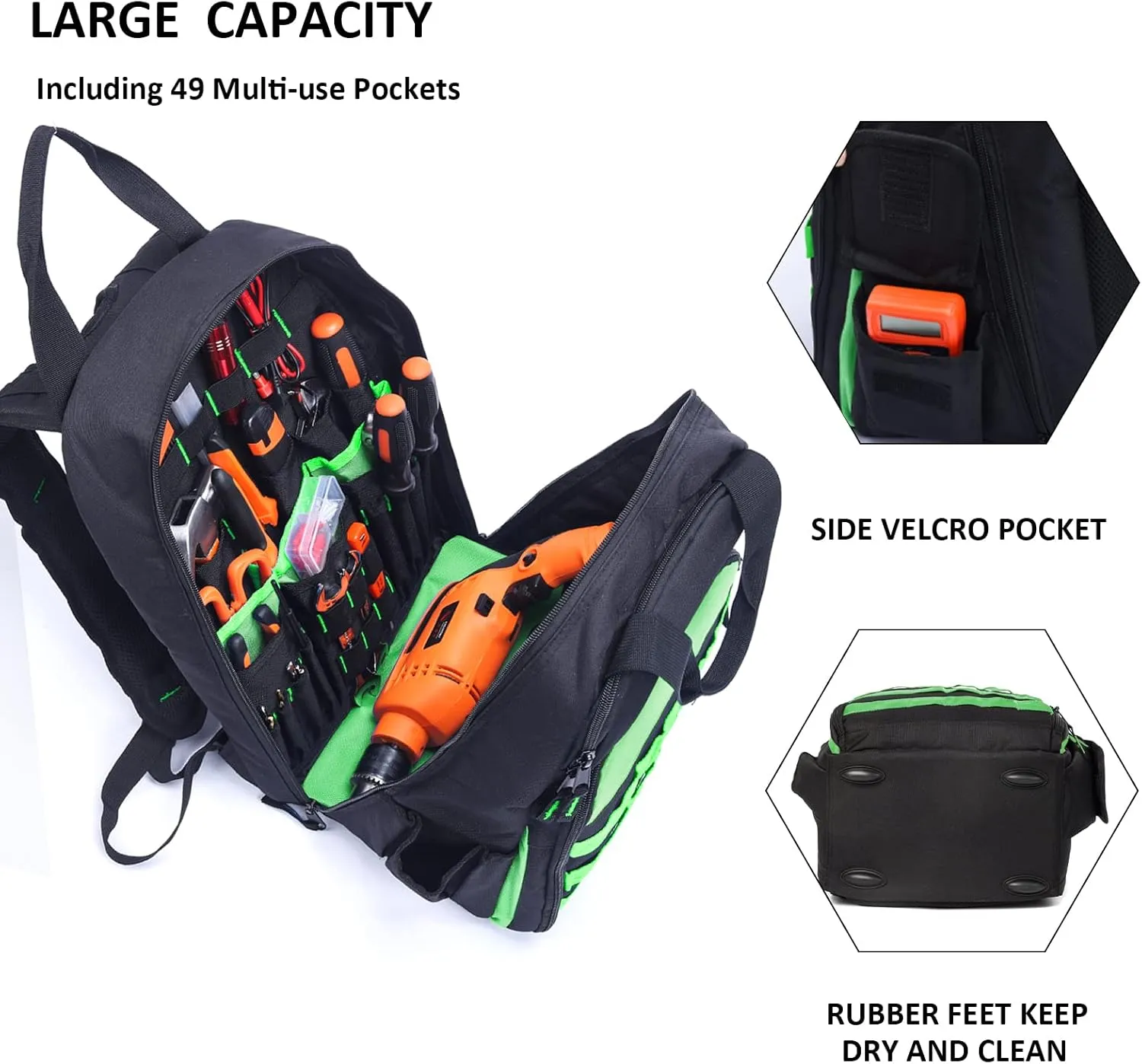 AUMTISC Tool Bag Backpack for Men, Heavy-Duty Tools Storage Organizer Work Bags Backpack for Construction Jobsite, Electrician, Industrial, Repairman, and HVAC Techs, Green