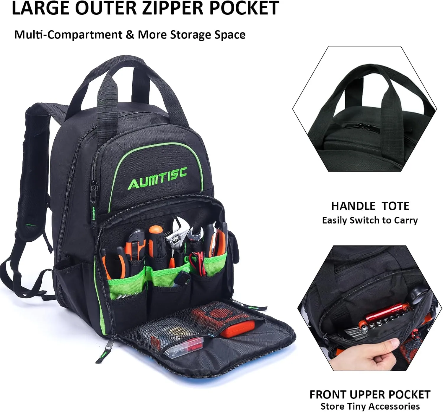 AUMTISC Tool Bag Backpack for Men, Heavy-Duty Tools Storage Organizer Work Bags Backpack for Construction Jobsite, Electrician, Industrial, Repairman, and HVAC Techs, Green