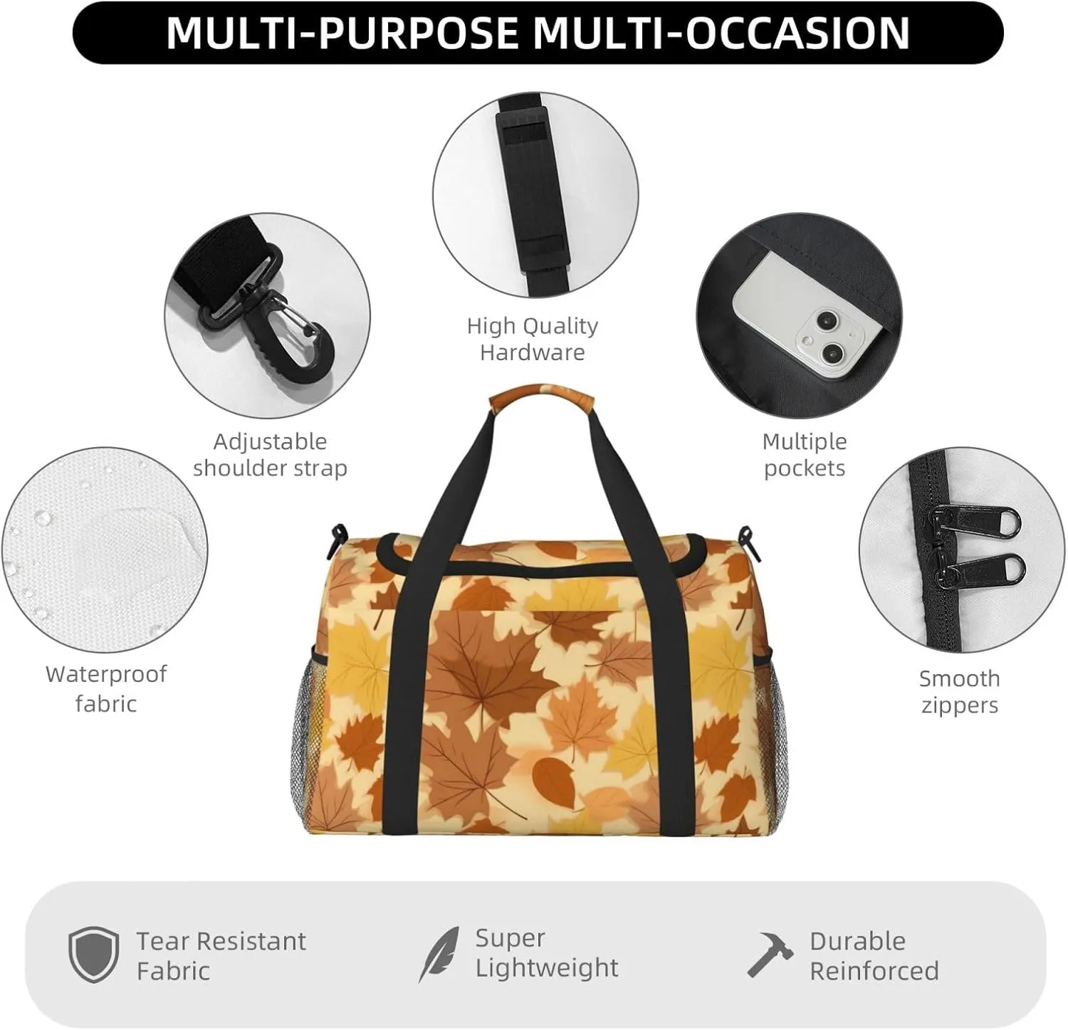 Autumn Maple Leaves Big Capacity Sports Gym Bag Portable Travel Duffle Bag, Thanksgiving Lightweight Weekender Workout Bag for Overnight, Unisex