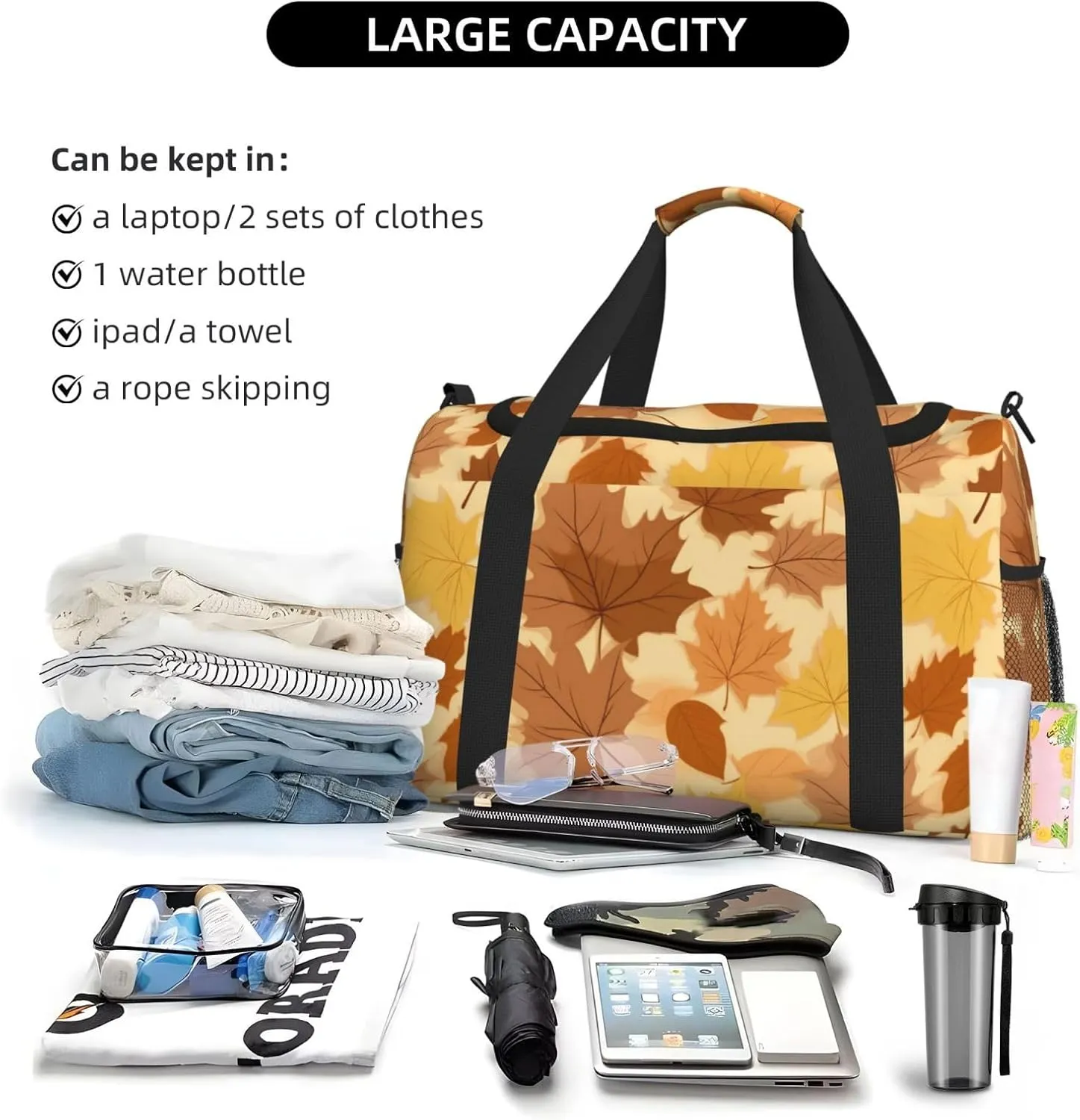 Autumn Maple Leaves Big Capacity Sports Gym Bag Portable Travel Duffle Bag, Thanksgiving Lightweight Weekender Workout Bag for Overnight, Unisex