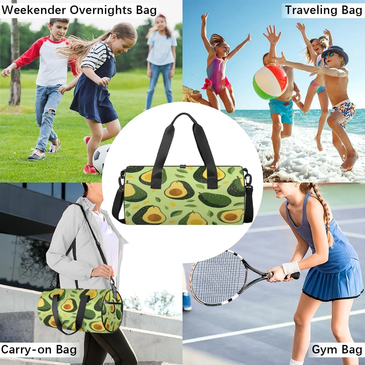 Avocado Leaf Harmony Sports Duffel Bag with Shoulder Strap, Large Capacity Gym Bag with Shoe Compartment, Water Resistant Travel Duffle Bag for Men Women Travel, Sports (17.6x9x9 Inch)