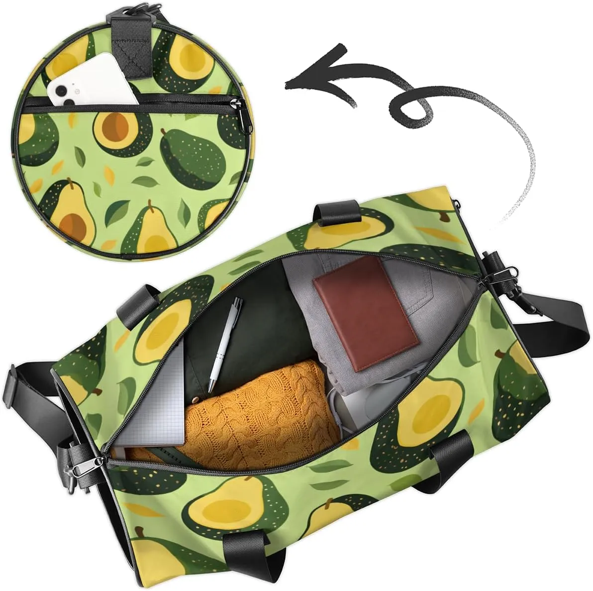 Avocado Leaf Harmony Sports Duffel Bag with Shoulder Strap, Large Capacity Gym Bag with Shoe Compartment, Water Resistant Travel Duffle Bag for Men Women Travel, Sports (17.6x9x9 Inch)
