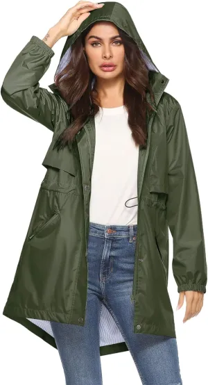Avoogue Womens Raincoats Waterproof Cinch Waist Breathable All Weather Jacket Long