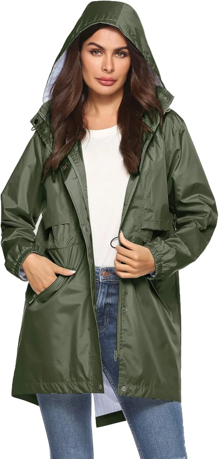Avoogue Womens Raincoats Waterproof Cinch Waist Breathable All Weather Jacket Long