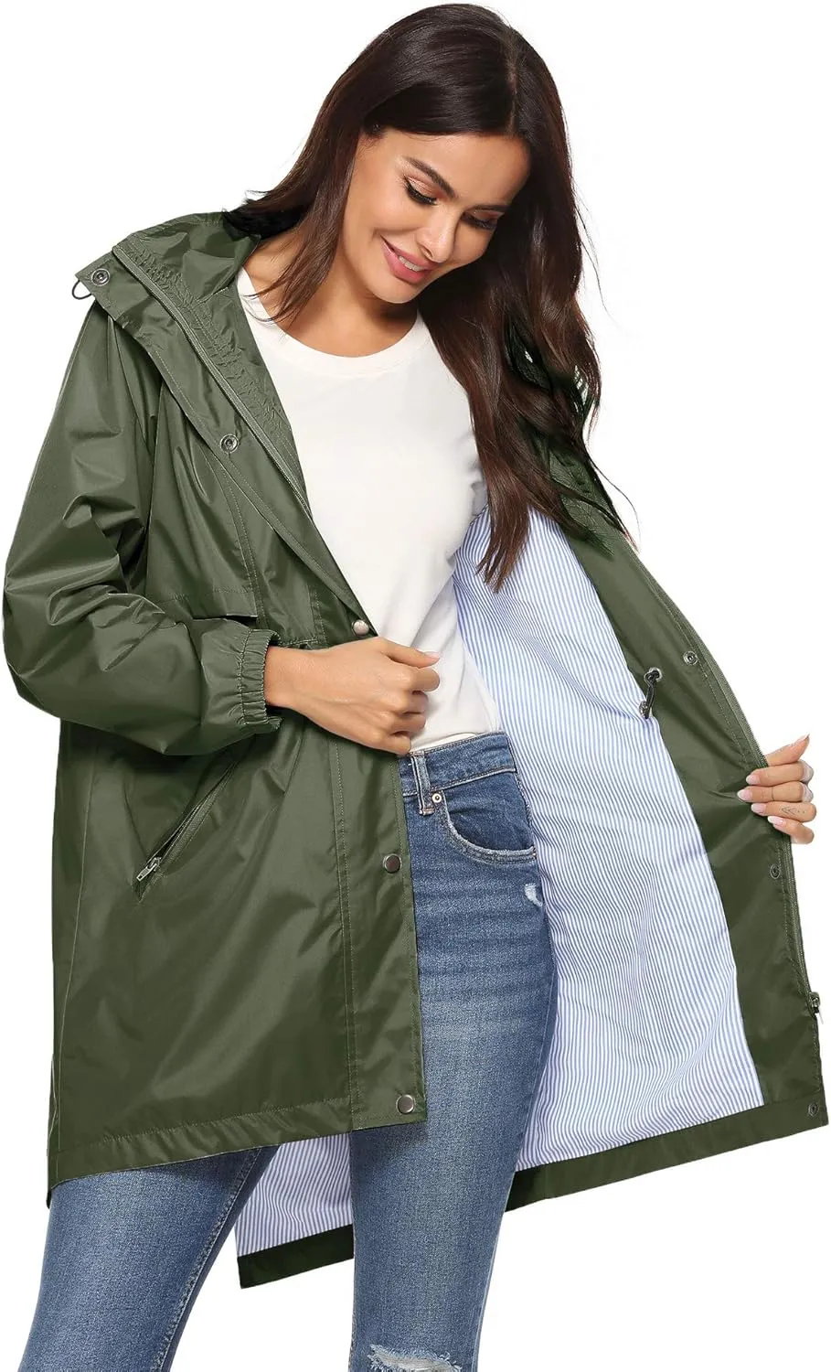 Avoogue Womens Raincoats Waterproof Cinch Waist Breathable All Weather Jacket Long