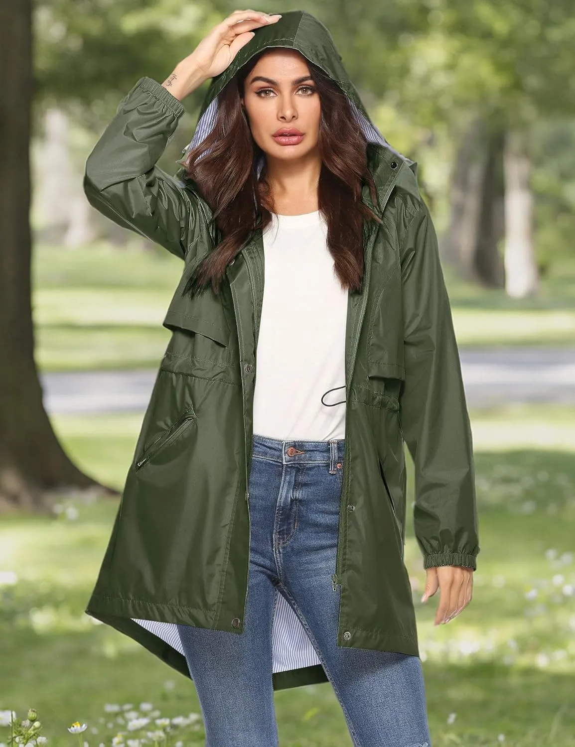 Avoogue Womens Raincoats Waterproof Cinch Waist Breathable All Weather Jacket Long