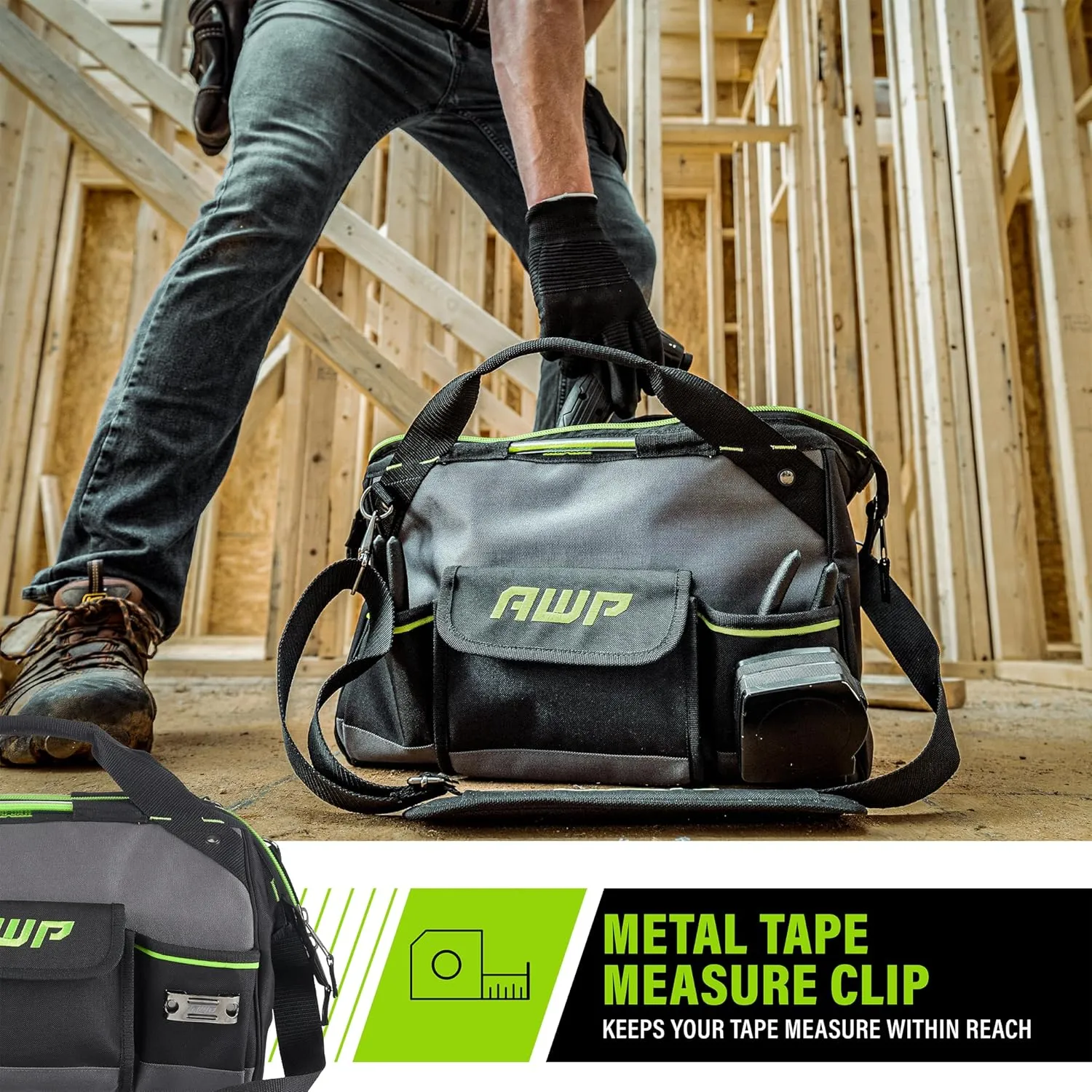 AWP Tool Bags, Premium Tool Bag, Black, Durable Tool Tote, for Professionals and Contractors