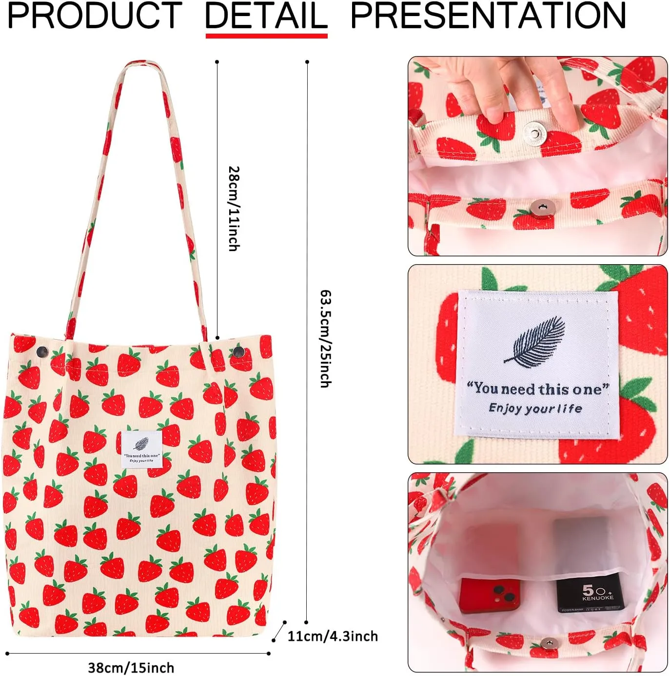 Ayieyill Corduroy Tote Bag for Women Canvas Shoulder Cord Purse with Inner Pocket