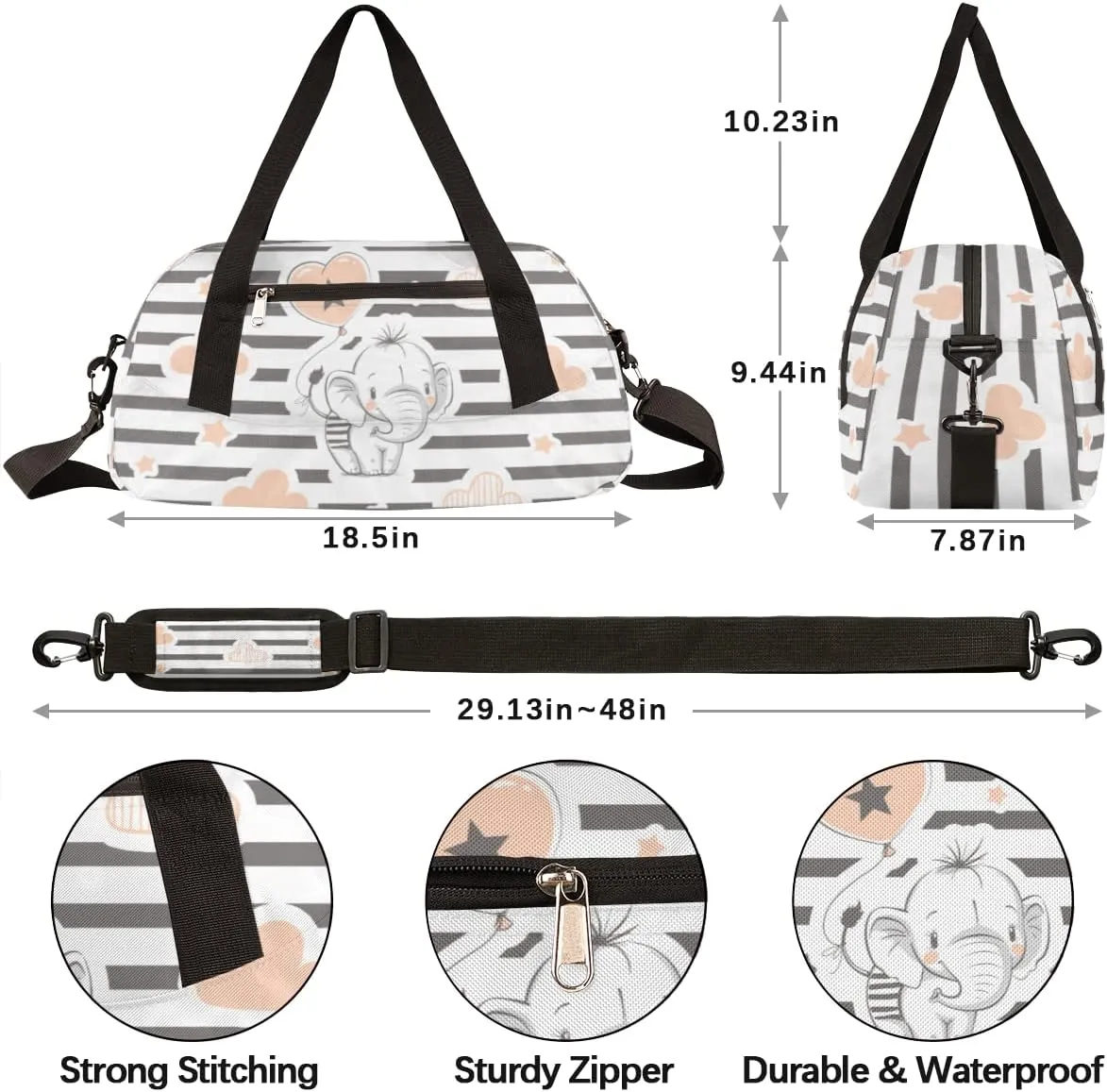 Baby Elephant Kids Duffel Bag for Girls Boys Teens, Streaks Dance Bag Overnight Small Duffel Bag Carry On Weekend Sports Gym Travel Bag for School Practice Gymnastics Ballet