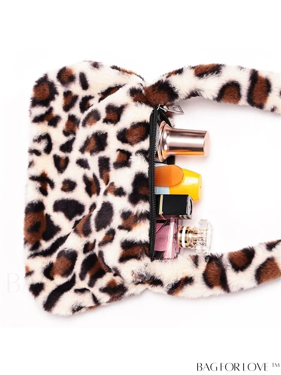 BagForLove - Stylish Leopard Print Fluffy Shoulder Bag - Trendy, Durable, Polyester with Zipper Closure