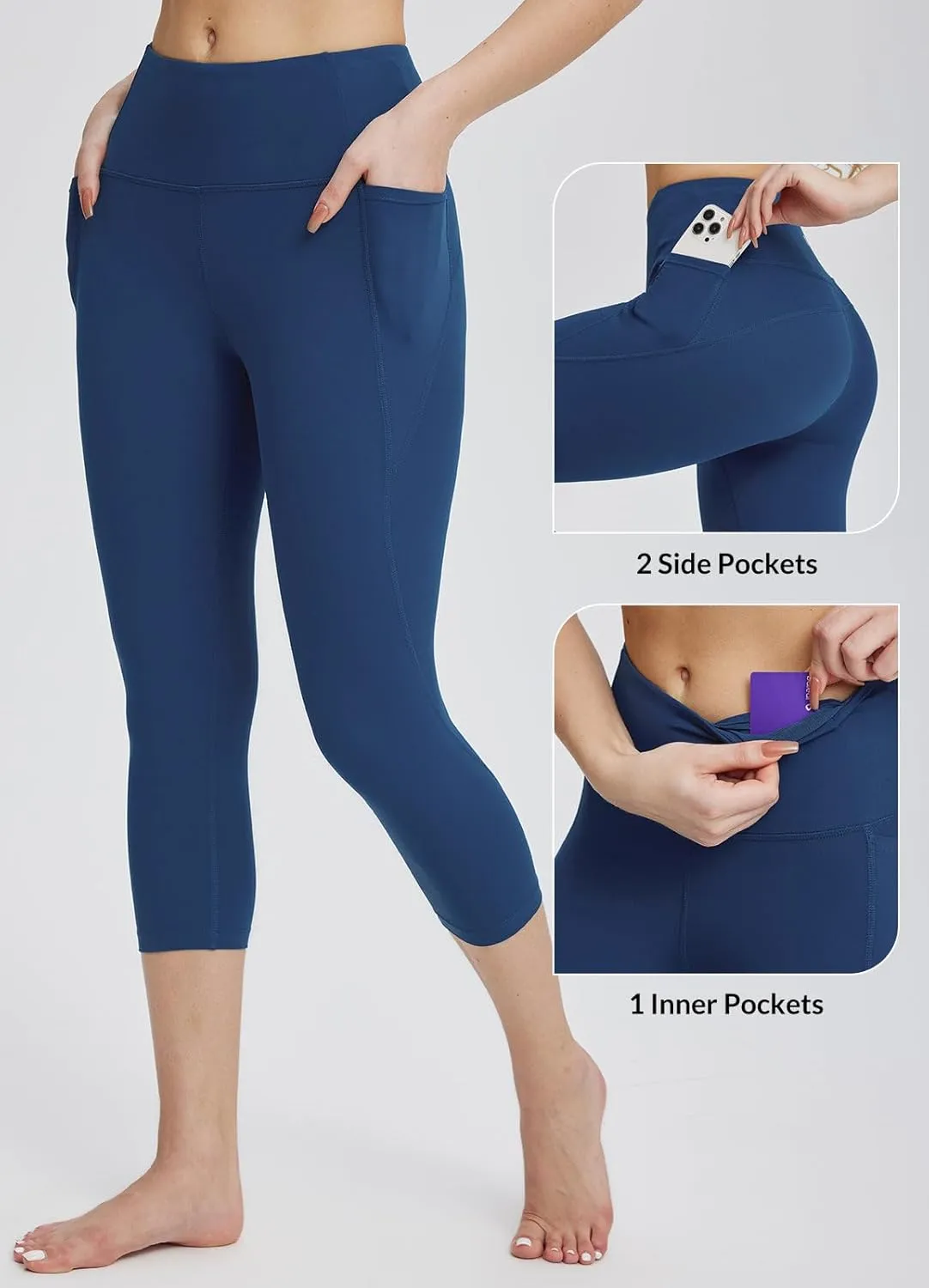 baleaf Women's Capri Leggings with Pockets High Waisted Workout Yoga Running Gym Pants for Casual Summer