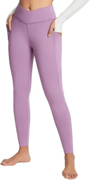 baleaf Women's Crossover Fleece Lined Leggings with Pockets Thermal Warm Winter Tights Crossover High Waisted Yoga Pants