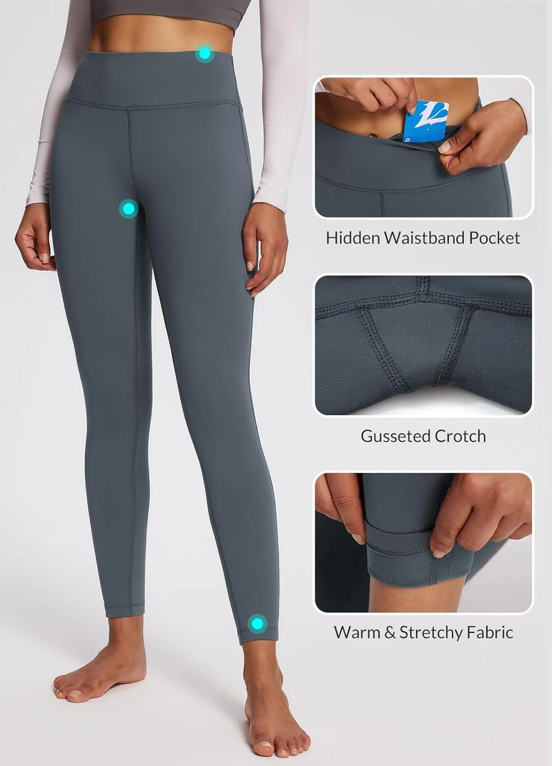 baleaf Women's Petite Fleece Lined Leggings with Pockets, 25" Thermal Winter Warm High Waisted Thick 7/8 Yoga Pants