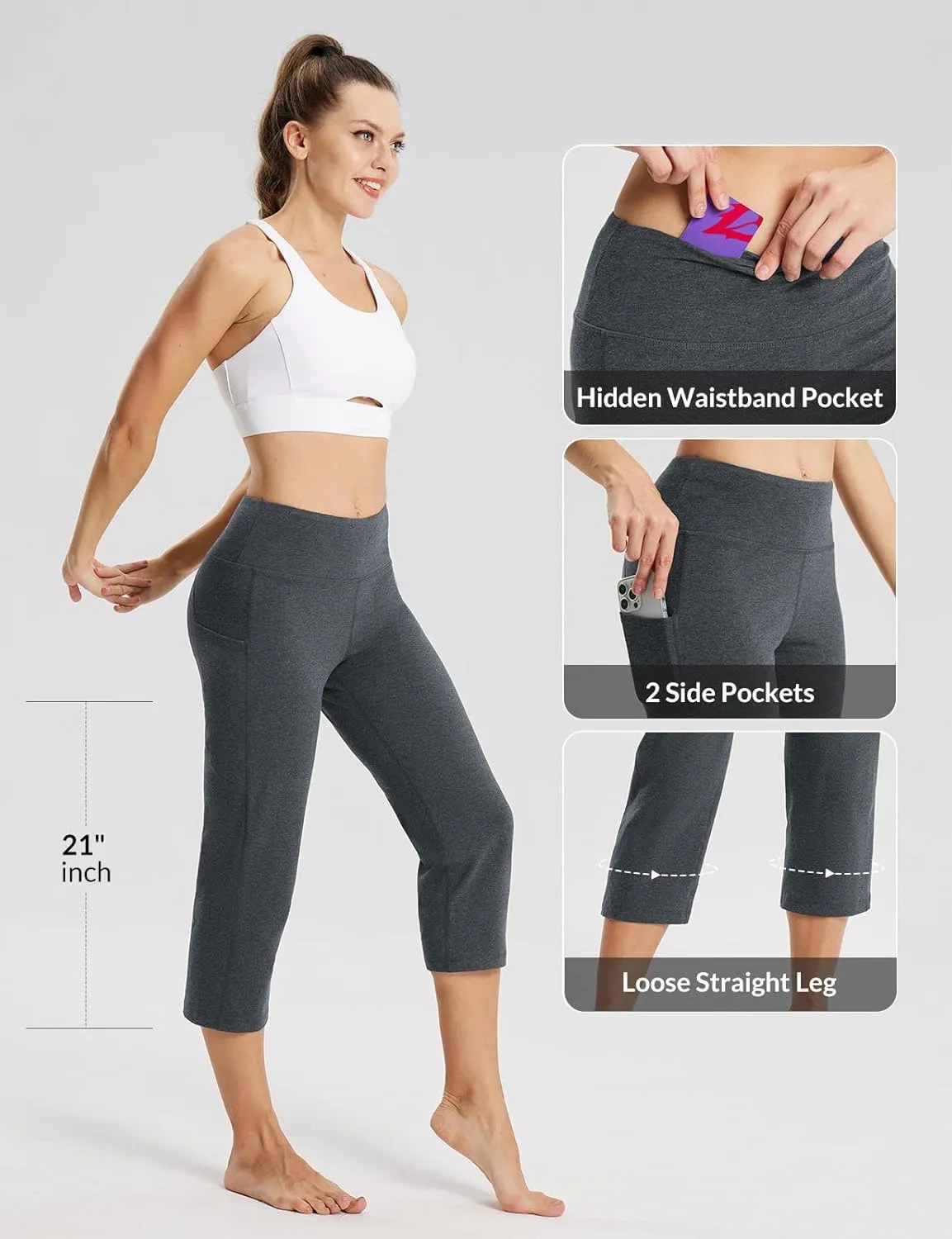 baleaf Womens Yoga Capri Pants High Waist Capri Leggings with Pockets Wide Leg Crop Exercise Workout Summer Pants