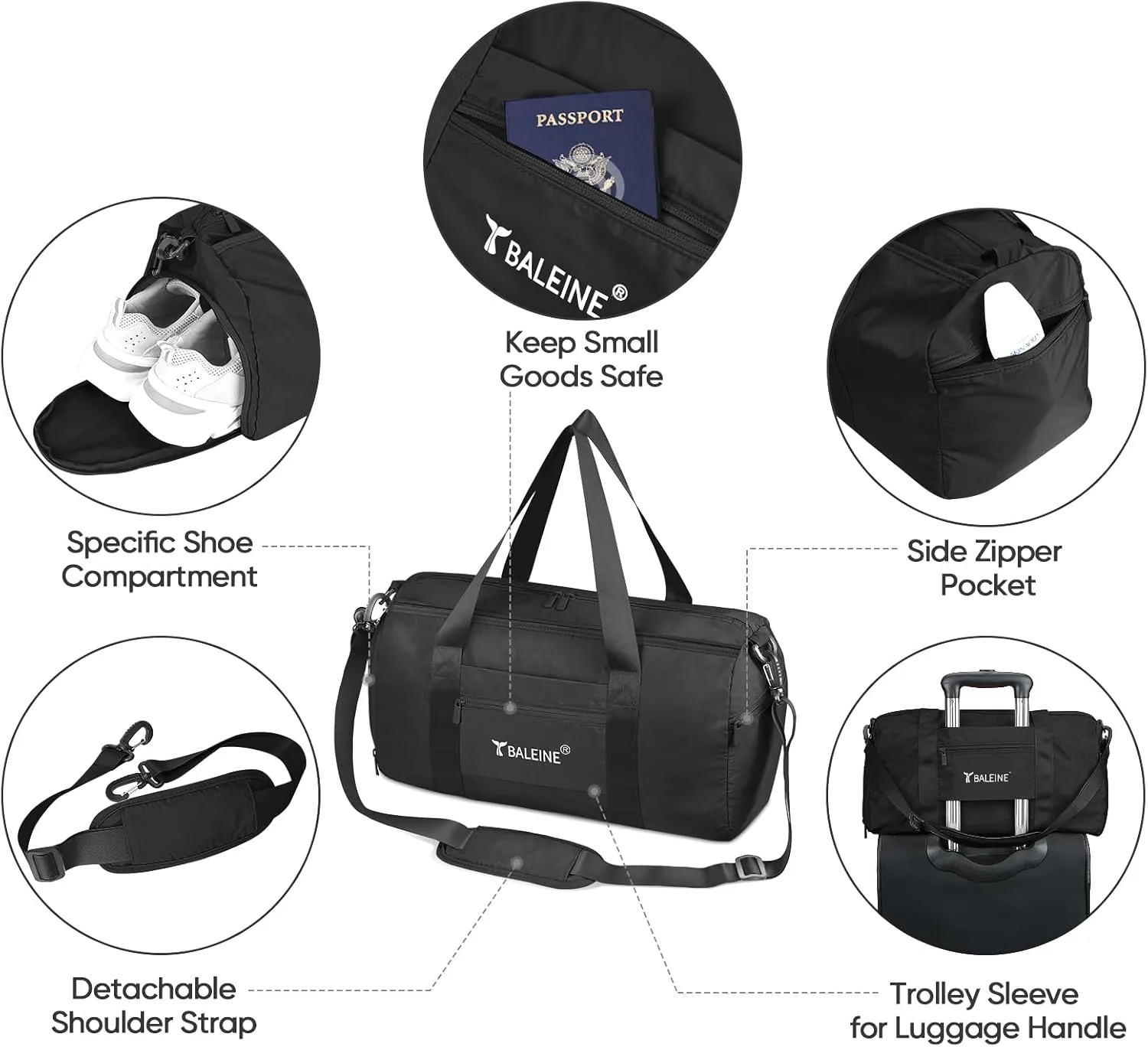 BALEINE Gym Bag for Women and Men, Small Duffel Bag for Sports, Gyms and Weekend Getaway, Waterproof Dufflebag with Shoe and Wet Clothes Compartments, Lightweight Carryon Gymbag (Black)