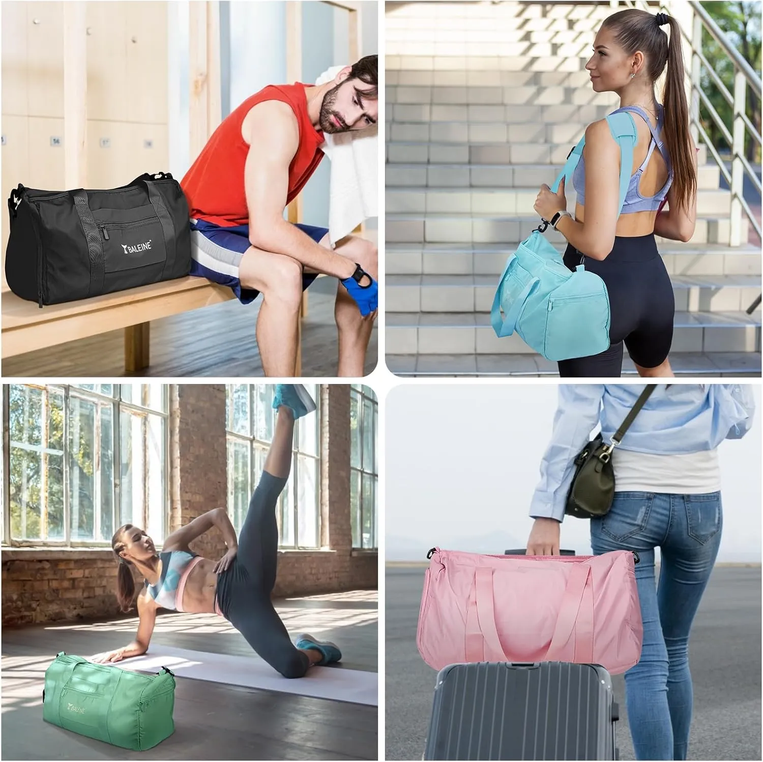 BALEINE Gym Bag for Women and Men, Small Duffel Bag for Sports, Gyms and Weekend Getaway, Waterproof Dufflebag with Shoe and Wet Clothes Compartments, Lightweight Carryon Gymbag (Black)