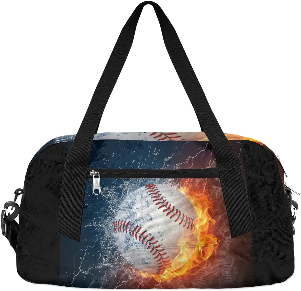Baseball Kids Duffle Bag, Funny Fire Water Baseball Sport Bag Lightweight Water Resistant Foldable Sports Gym Bag Weekender Overnight Sleepover Carry On Travel Bag for Boys