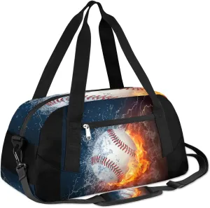 Baseball Kids Duffle Bag, Funny Fire Water Baseball Sport Bag Lightweight Water Resistant Foldable Sports Gym Bag Weekender Overnight Sleepover Carry On Travel Bag for Boys