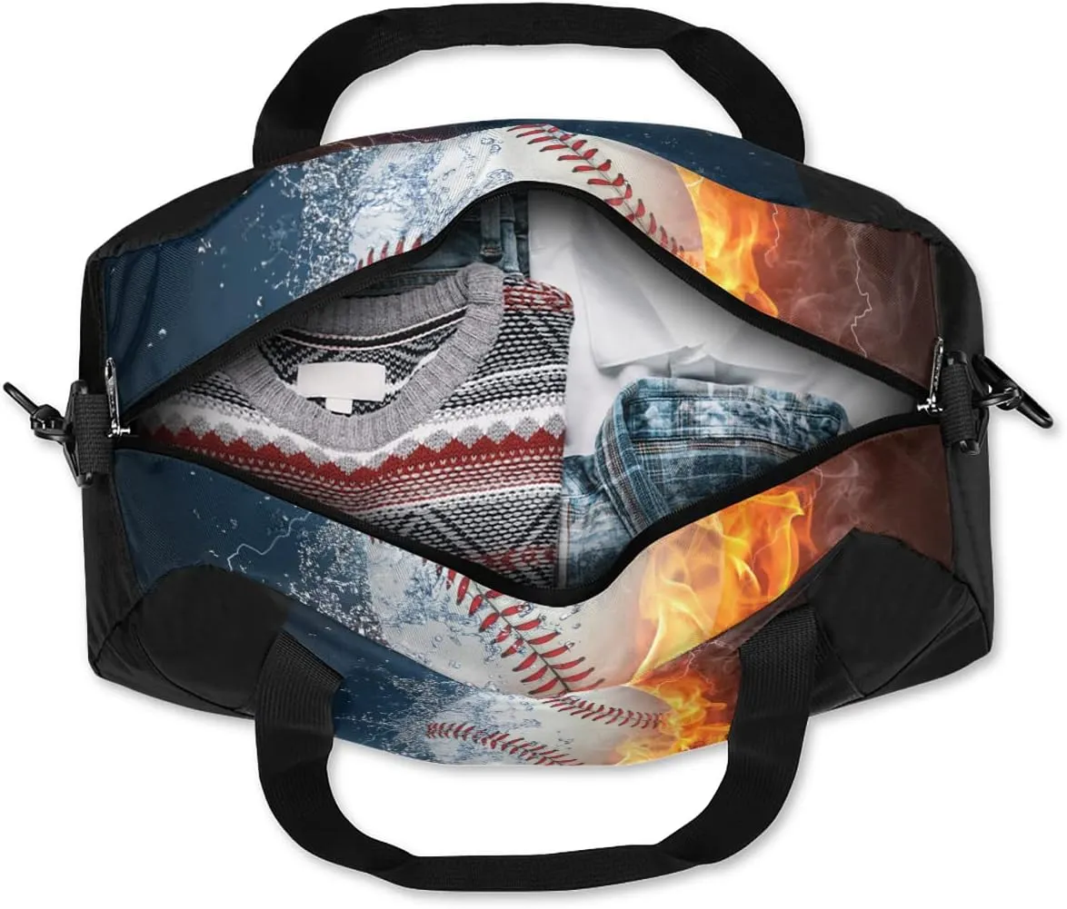 Baseball Kids Duffle Bag, Funny Fire Water Baseball Sport Bag Lightweight Water Resistant Foldable Sports Gym Bag Weekender Overnight Sleepover Carry On Travel Bag for Boys
