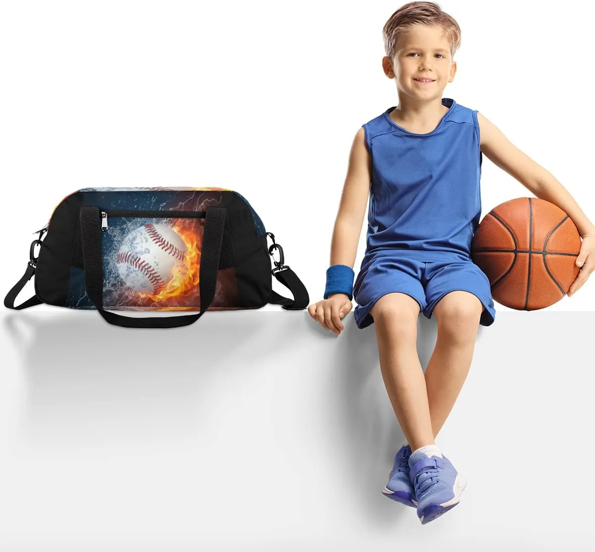 Baseball Kids Duffle Bag, Funny Fire Water Baseball Sport Bag Lightweight Water Resistant Foldable Sports Gym Bag Weekender Overnight Sleepover Carry On Travel Bag for Boys