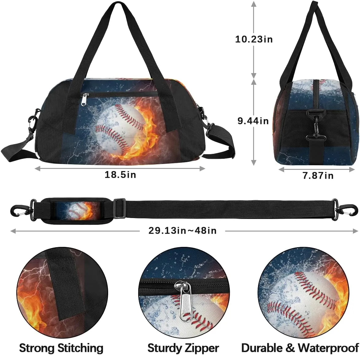 Baseball Kids Duffle Bag, Funny Fire Water Baseball Sport Bag Lightweight Water Resistant Foldable Sports Gym Bag Weekender Overnight Sleepover Carry On Travel Bag for Boys